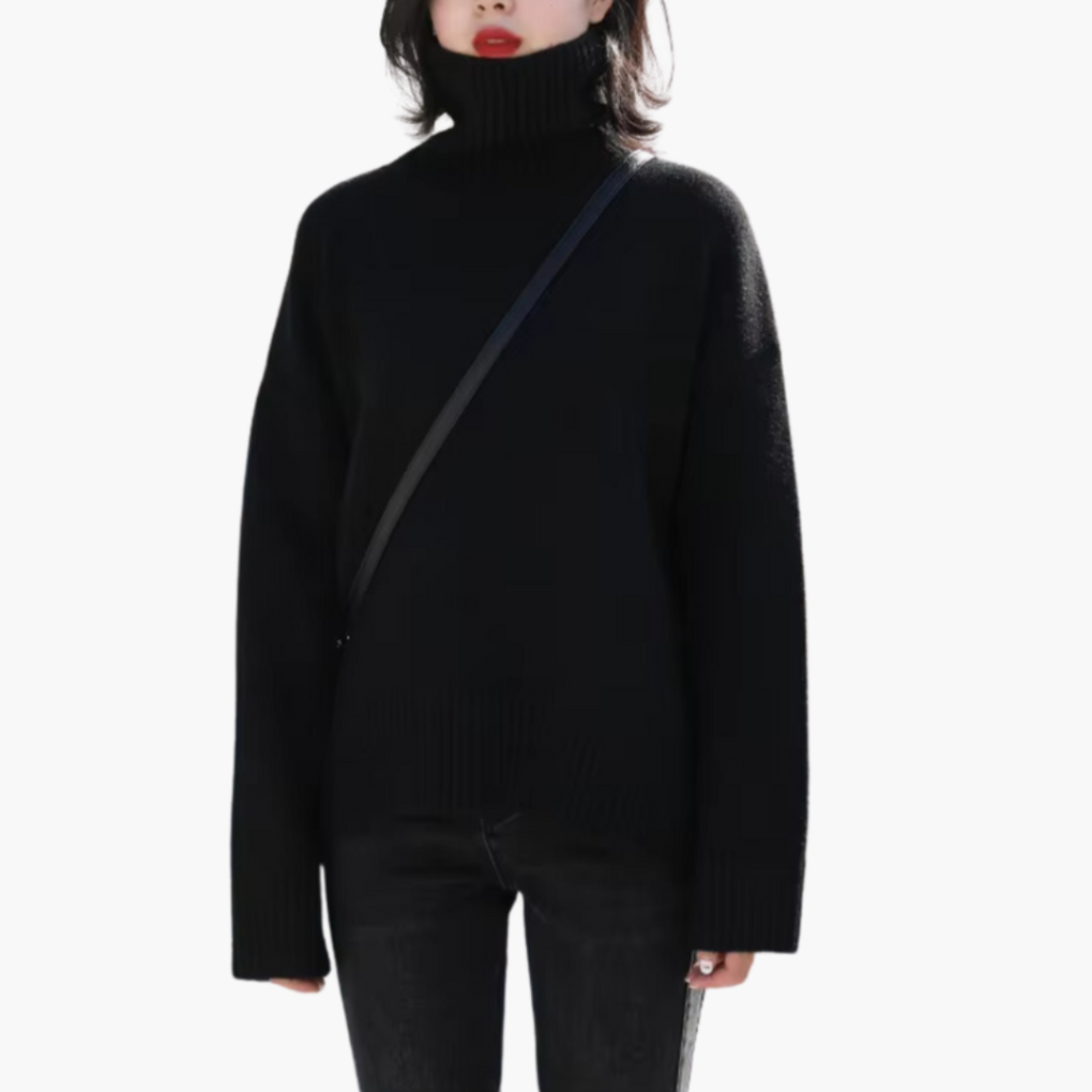 Women's Turtleneck Sweater with Long Sleeves and Ribbed Texture