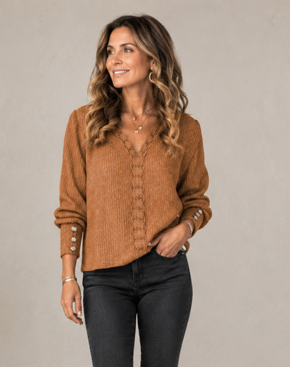 Blouse douce en maille à manches longues et col en V avec boutons, pour femme