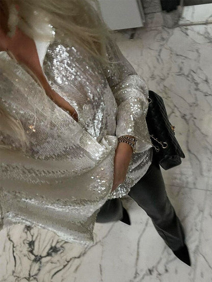 Ladies Oversized Sequin Blouse with Long Sleeves