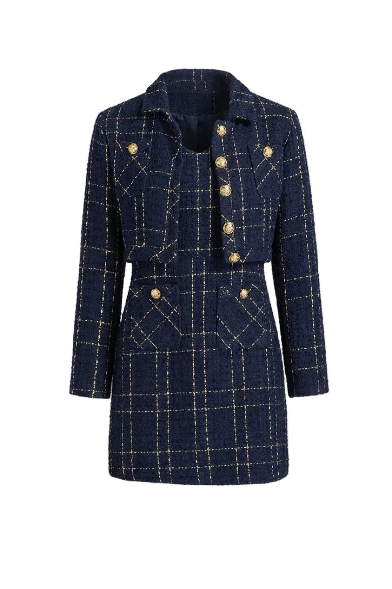 Chic Women's Tweed Set with Short Jacket and Mini Dress