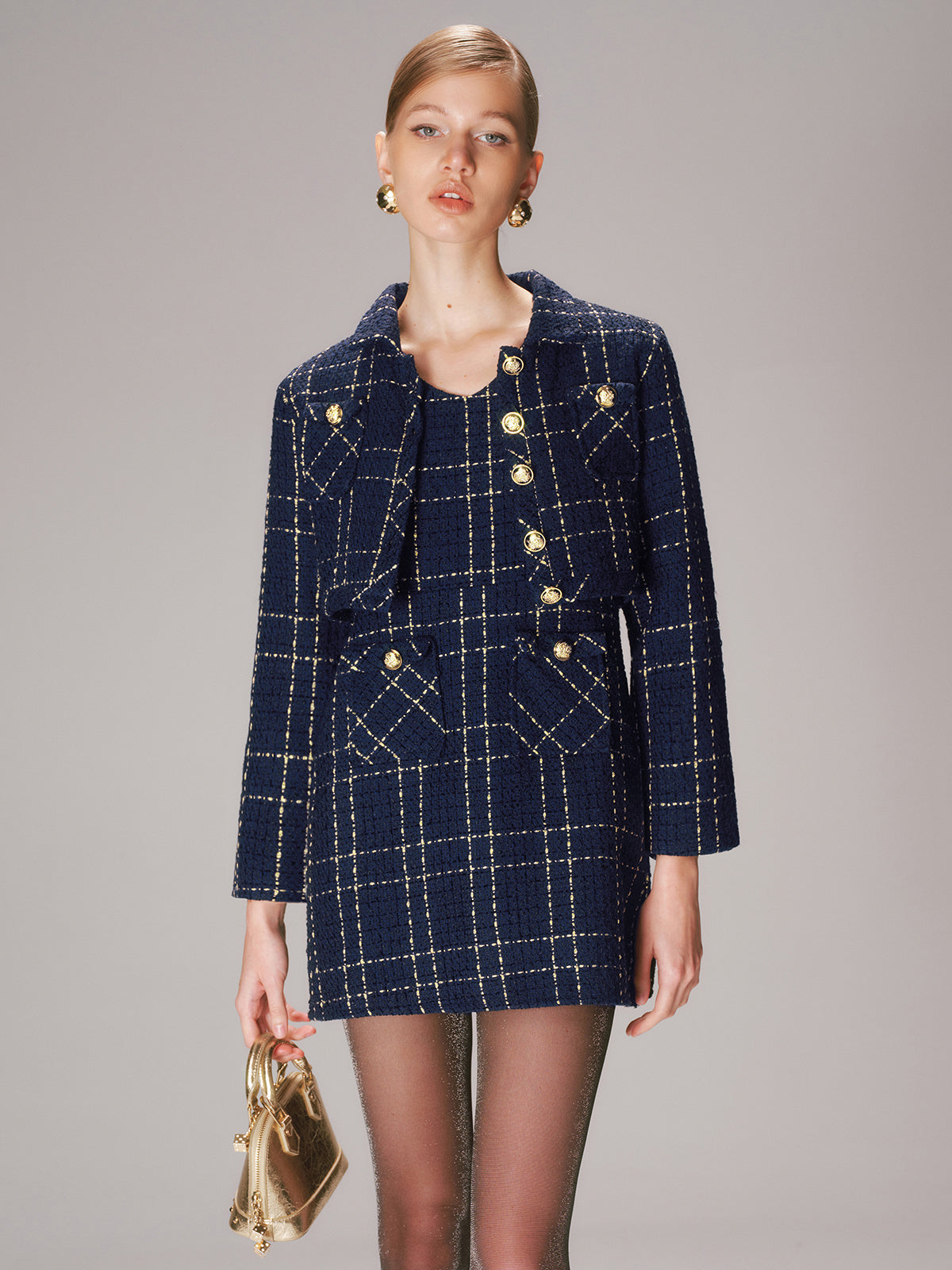 Chic Women's Tweed Set with Short Blazer and Mini Dress