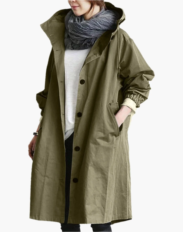 Waterproof Trench Coat for Women Long with Hood and Buttons