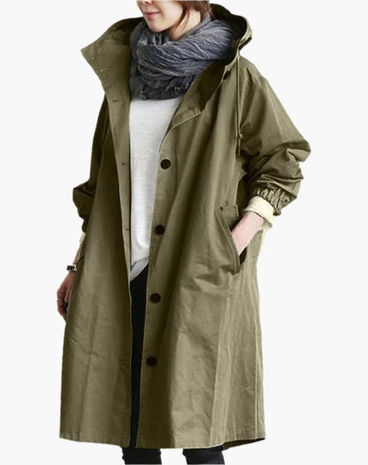Waterproof Trench Coat for Women Long with Hood and Buttons