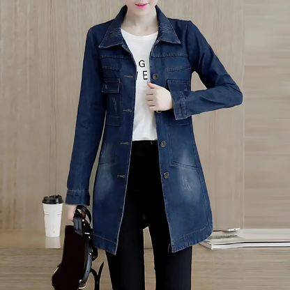 Long Denim Jacket for Women with Embroidery Details