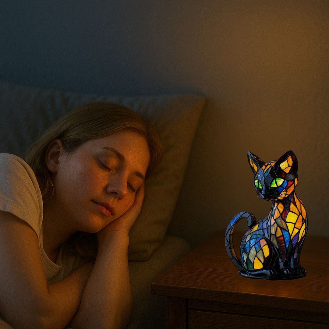 Candeeiro decorativo para gatos com design em mosaico e luz ambiente quente – Decoração elegante para a casa