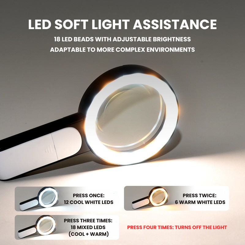 Magnifying Glass with LED Lighting and Adjustable Light Levels for Clear Reading