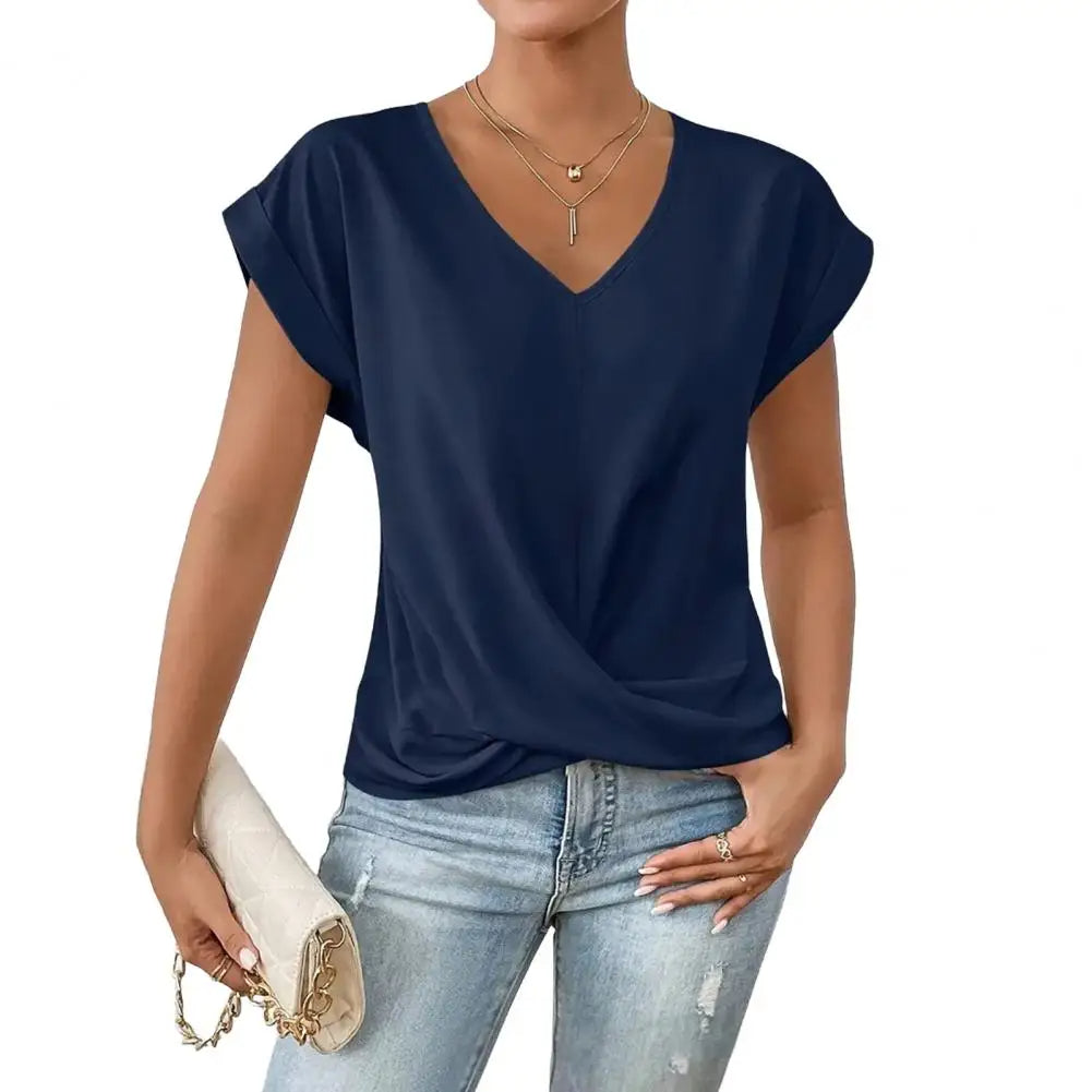 Stylish V-Neck Blouse with Pleated Detail