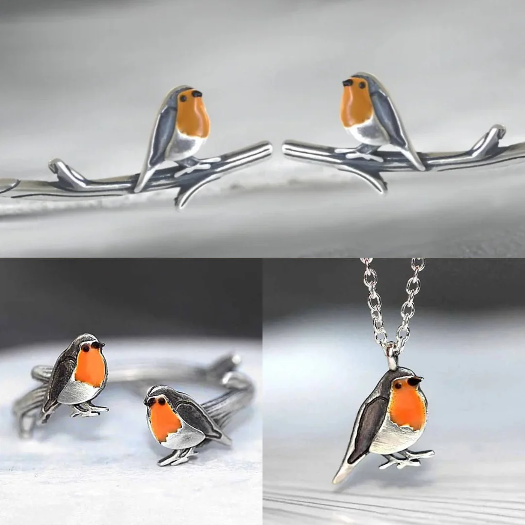 Oil-Coloured Bird Ring & Necklace Set