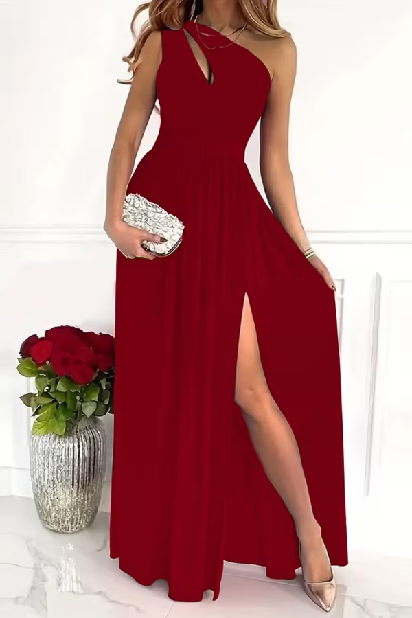 Ladies' Elegant Maxi Dress with One Shoulder Neckline and Split