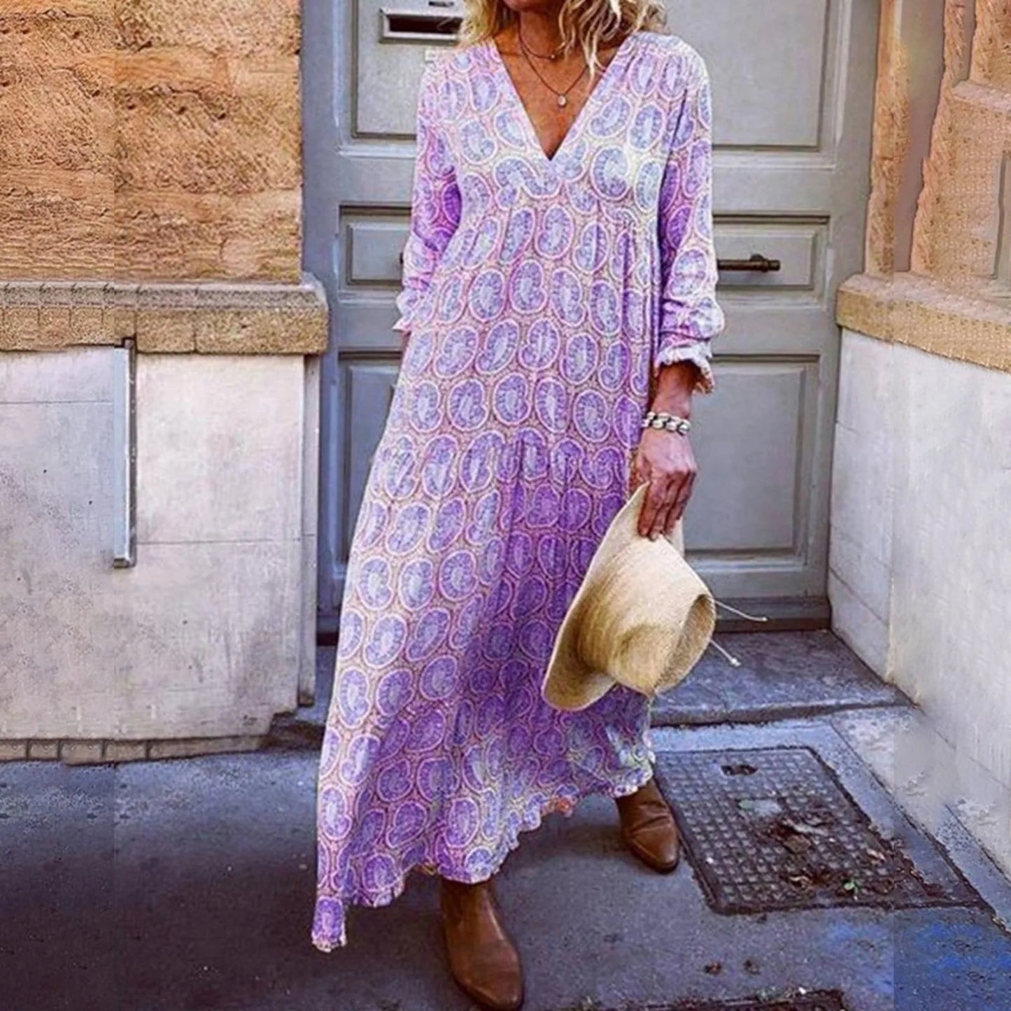 Liora – Maxi Summer Dress with Geometric Print and Boho Vibe