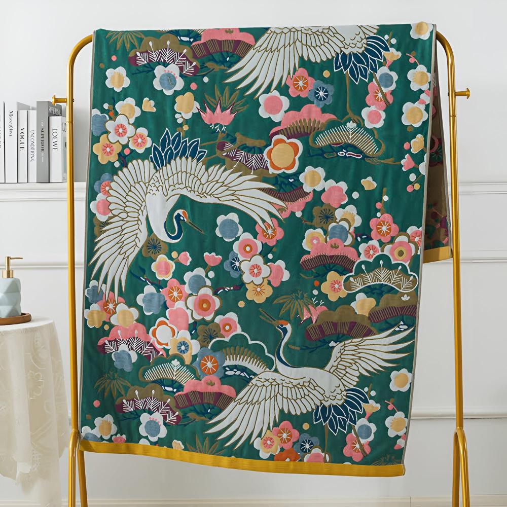 Luxury Bath Towel with Japanese Crane Motif
