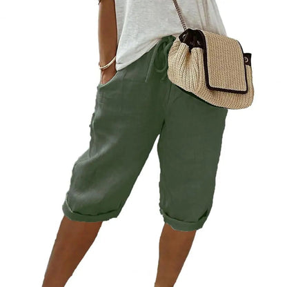 Vintage Knee-Length Trousers with Elastic Waist and Pockets
