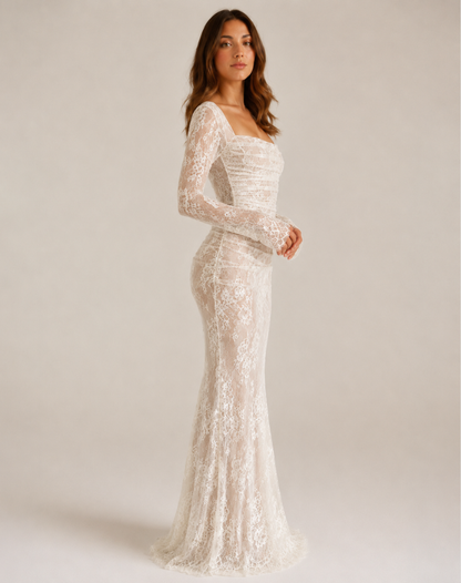 Maxi-avondjurk van kant voor dames met lange mouwen en elegant silhouet