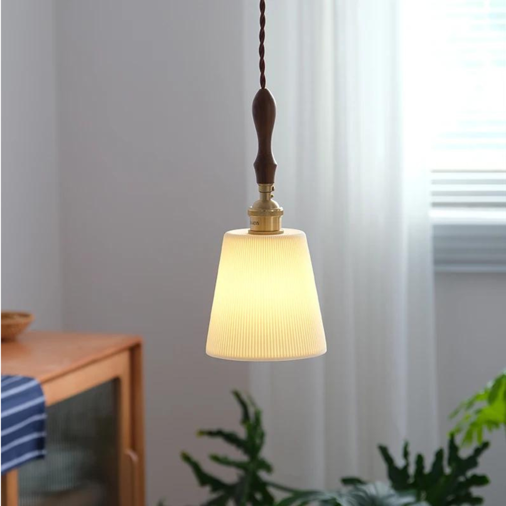 Retro Pendant Light with Ceramic and Wood - Adjustable