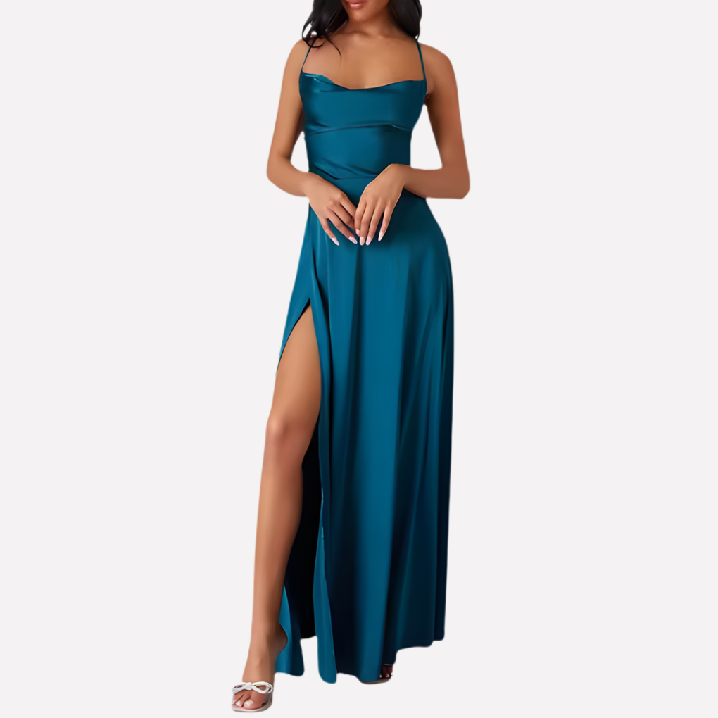 Maxi dress for women with an open back and high side slit.