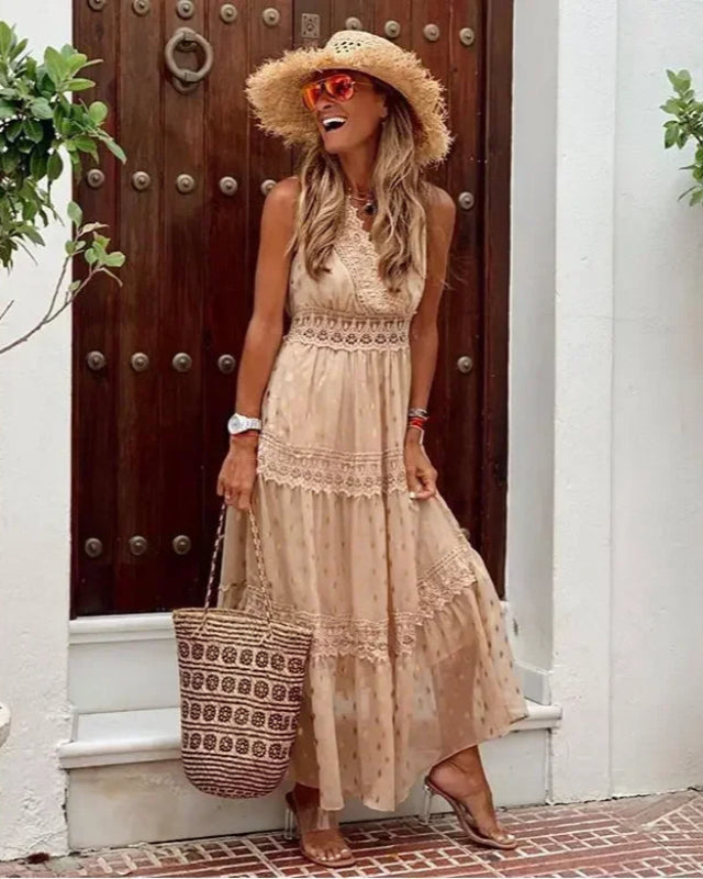 Long Maxi Dress with Print and V-Neck
