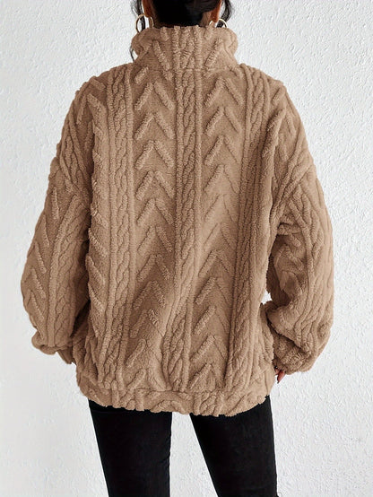 Ladies Soft Teddy Jumper with Quarter Zip and Cable Knit
