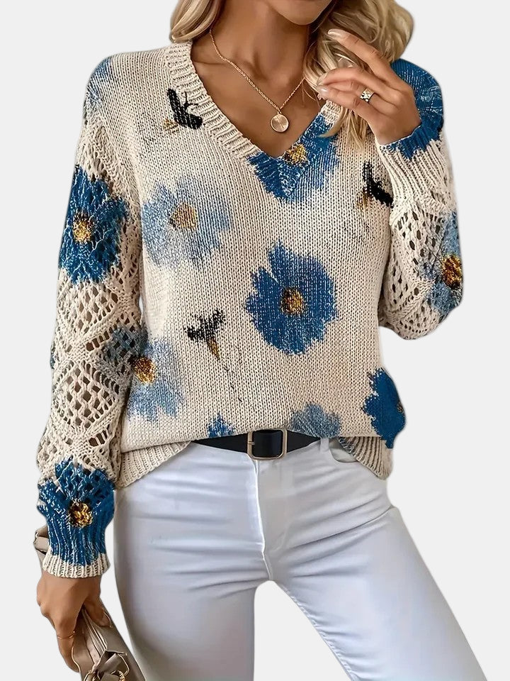 Ladies' Knitted Jumper with Floral Print and V-Neck