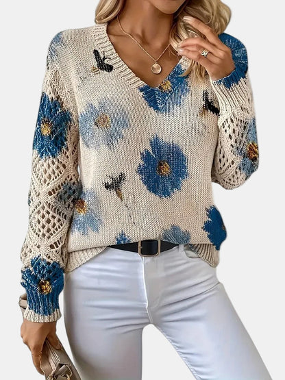 Ladies' Knitted Jumper with Floral Print and V-Neck