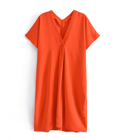 Long Orange V-Neck Dress with Elegant Appeal and Airy Fit