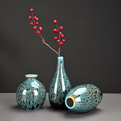 Set di tre mini vasi in ceramica con finitura smaltata blu