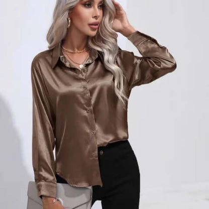 Ladies' Satin Blouse with Long Sleeves and Loose Fit