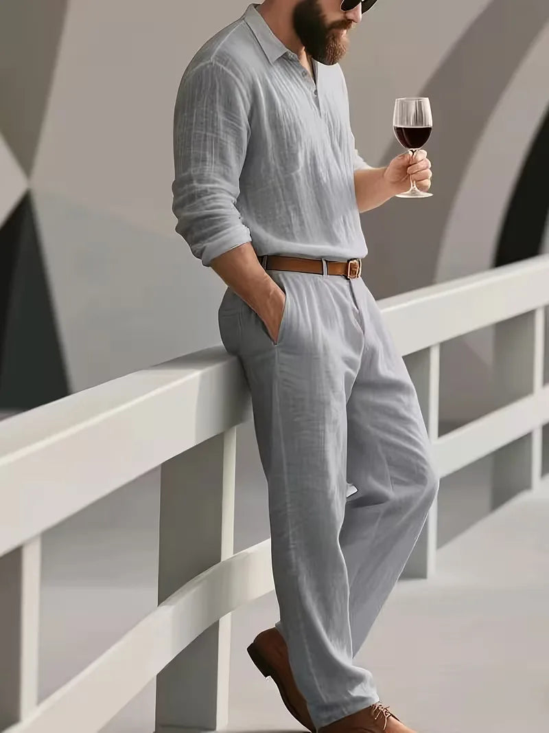 Linen suit with mandarin collar