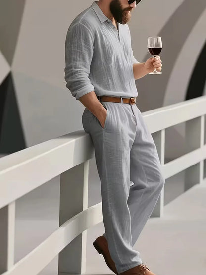 Linen suit with mandarin collar