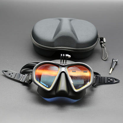 Tauchermaske aus gehärtetem Glas mit Aufbewahrungsbox - Tauchbrille mit Antibeschlagbeschichtung und Kamerahalterung
