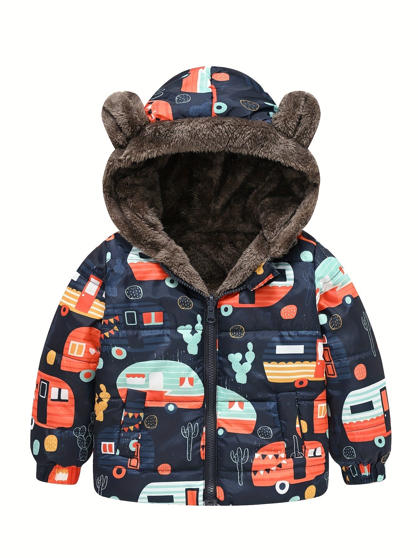 Toddler Boys Girls Cartoon Print Zip Jacket with Bear Ears - Jamil
