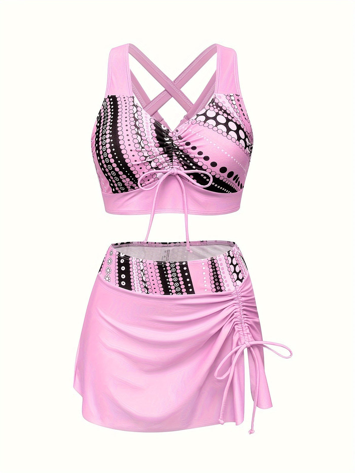 Set tankini de damă în trei piese, cu imprimeu cu buline și fustă