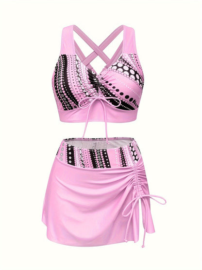 Set tankini de damă în trei piese, cu imprimeu cu buline și fustă