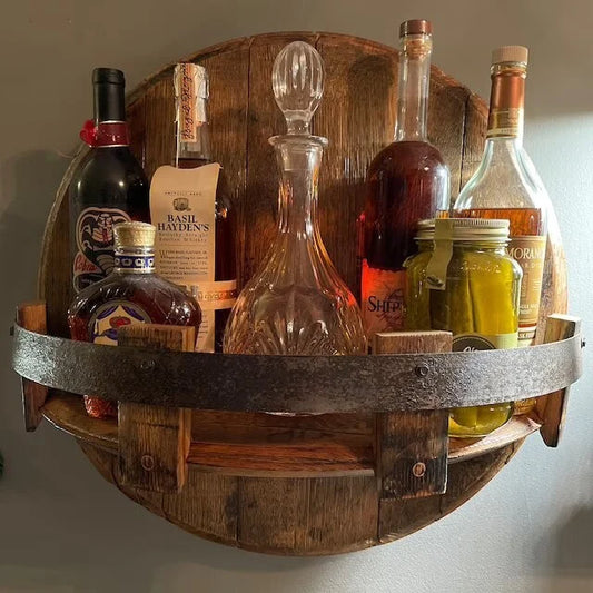 Wooden Wall-Mounted Drink Display with Rustic and Industrial Look