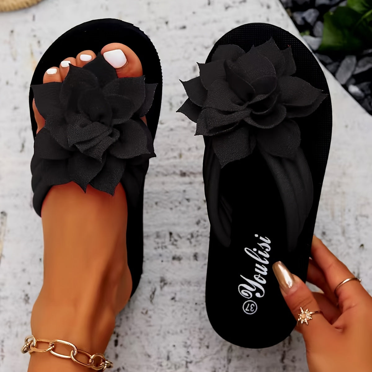 Ladies' Flip Flops with Platform Sole and Floral Detail Wide Fit