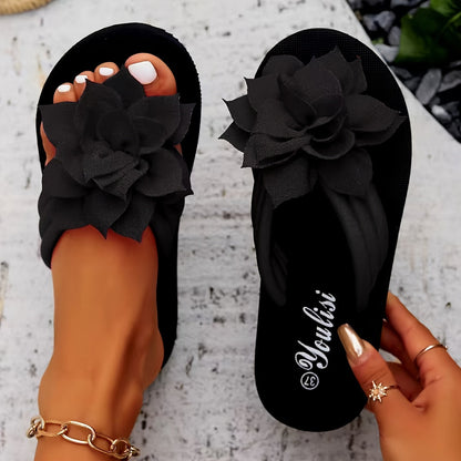 Ladies' Flip Flops with Platform Sole and Floral Detail Wide Fit