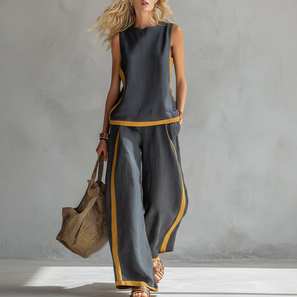 Damen ärmellose Weste und Set bestehend aus hoch taillierter Hose mit weitem Bein