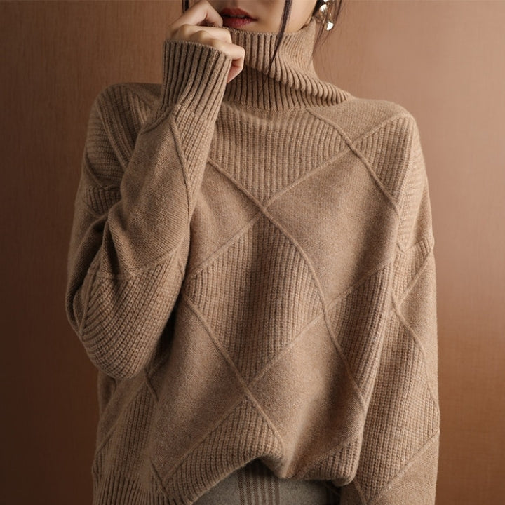 Autumn Knitted Roll Neck with Check Pattern Warm and Soft for Women