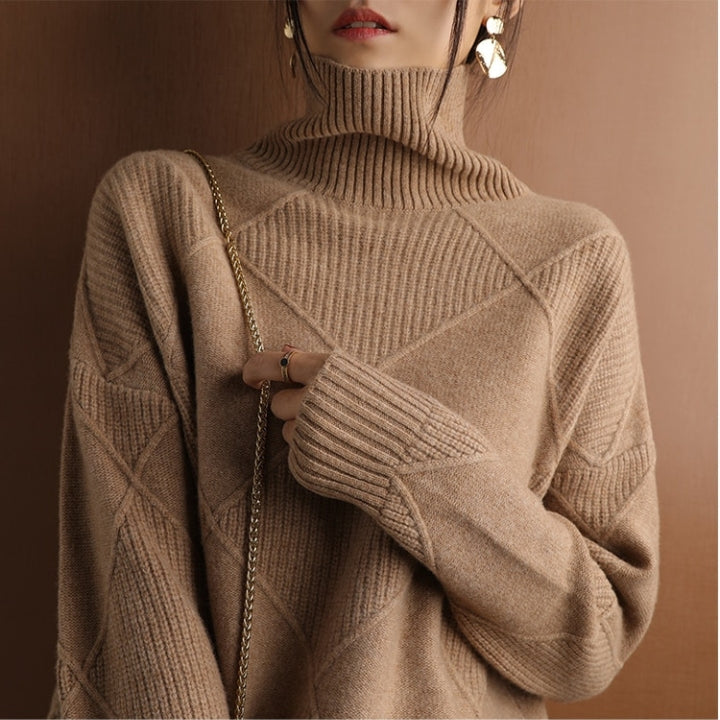 Autumn Knitted Roll Neck with Check Pattern Warm and Soft for Women