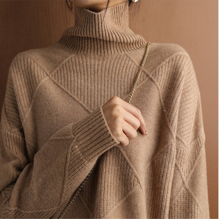 Autumn Knitted Roll Neck with Check Pattern Warm and Soft for Women