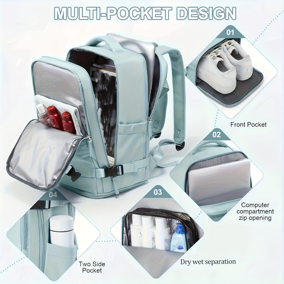 Mochila multifuncional para viajes y uso diario, con compartimento para zapatos y compartimentos impermeables