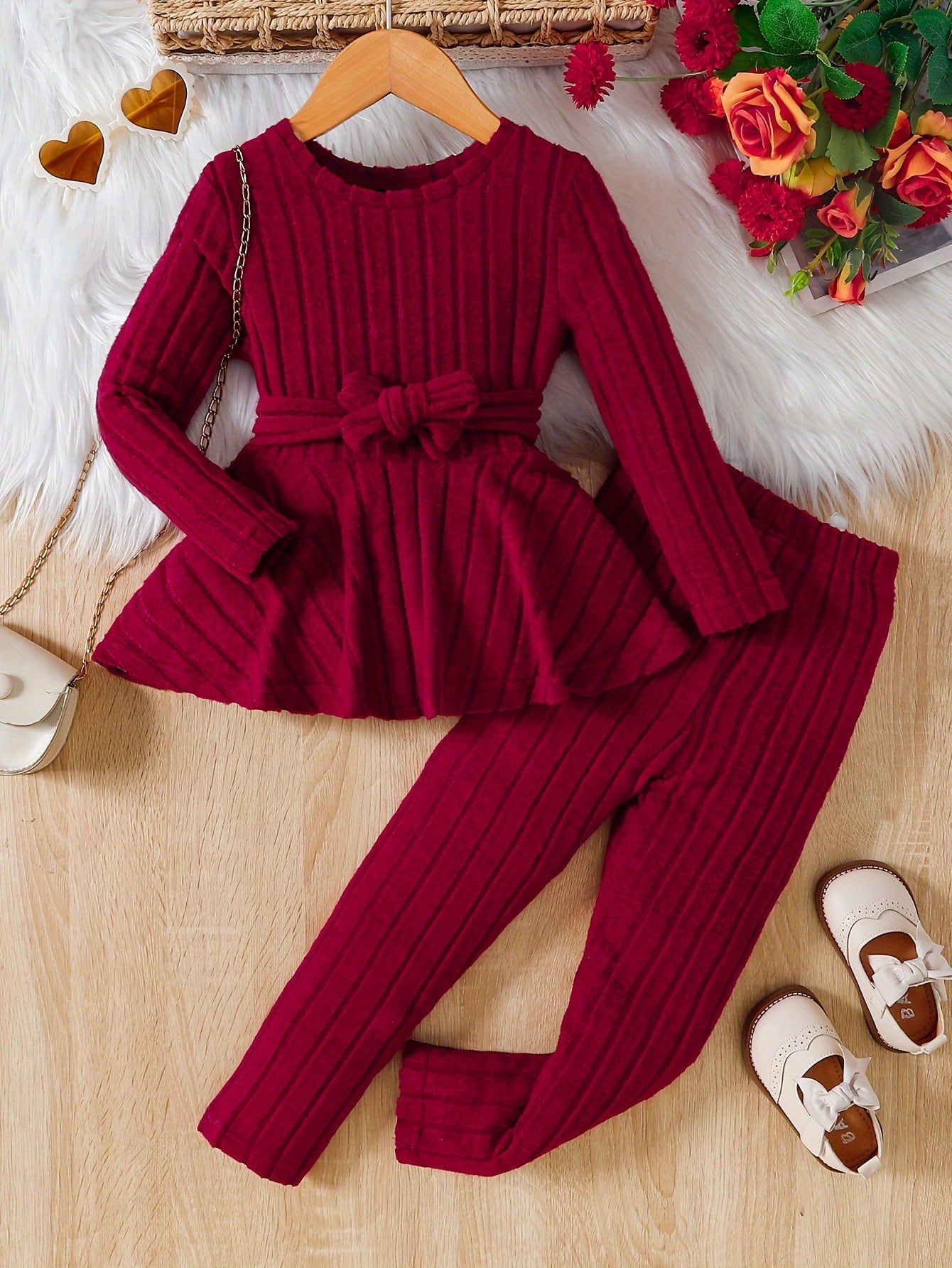 Girls' Kids 2-Piece Casual Round Neck Long Sleeve Top with Bow & Trousers - Ember