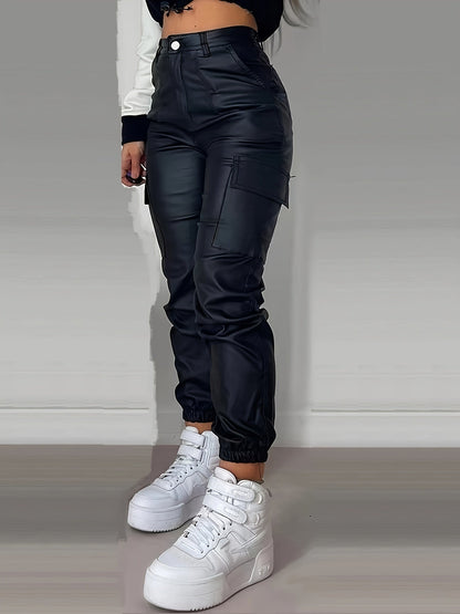 Trendy High-Waisted Cargo Trousers for Women with Leather Look and Elasticated Waist
