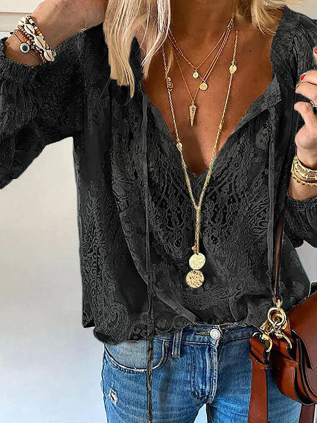 Unique Blouse with Lace Details for Women with V-Neck and Bow Closure