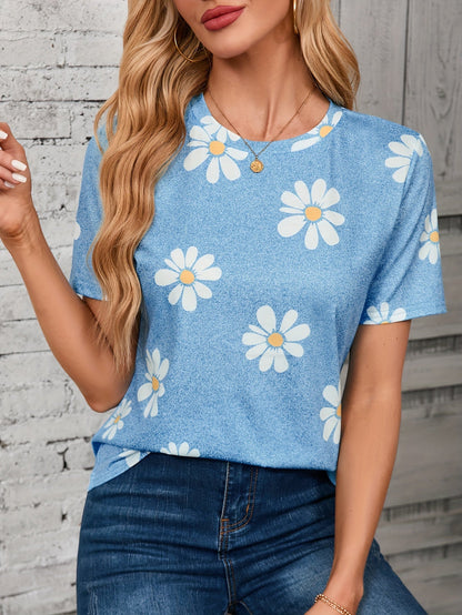 Daisy Flower Print Crewneck T-shirt – Casual and Breathable for Spring and Summer