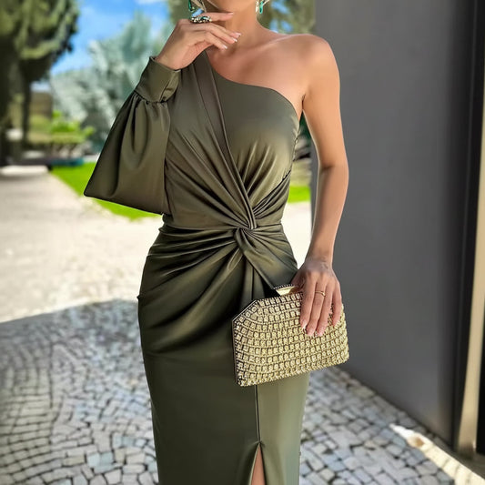 Vestido de mujer con botón diagonal en el hombro, abertura y color sólido, ajuste entallado
