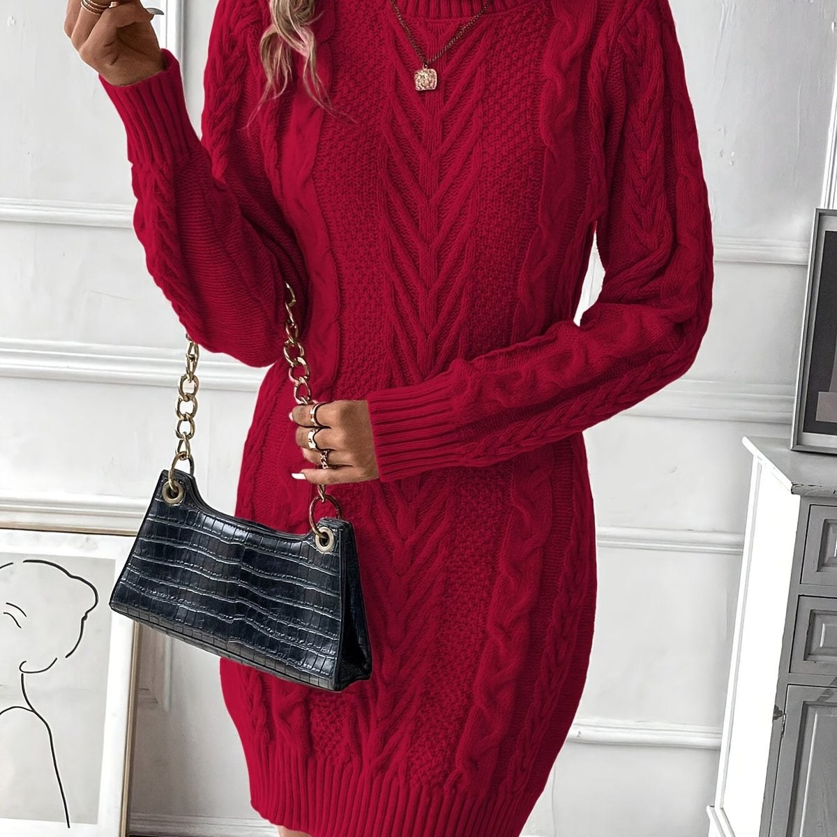 Chic Col Mini Sweater Dress for Women with Cable Pattern