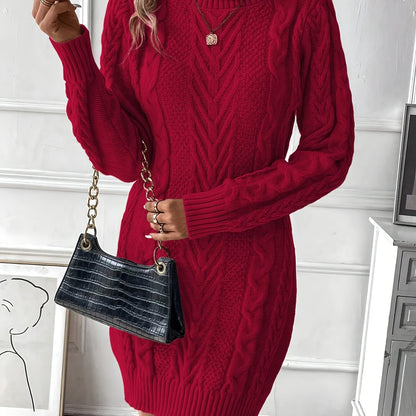 Chic Col Mini Sweater Dress for Women with Cable Pattern