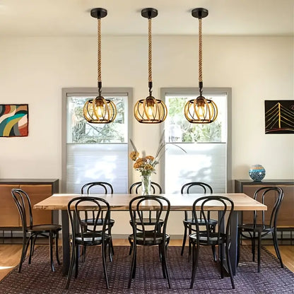 Industrial Pendant Light with Braided Rope and Metal Frame for Interiors