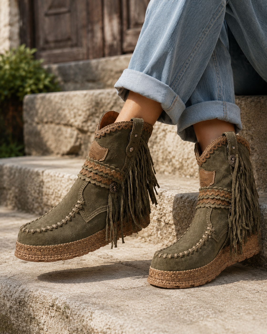 Ladies' Boho Suede Ankle Boots with Fringes and Braided Strap