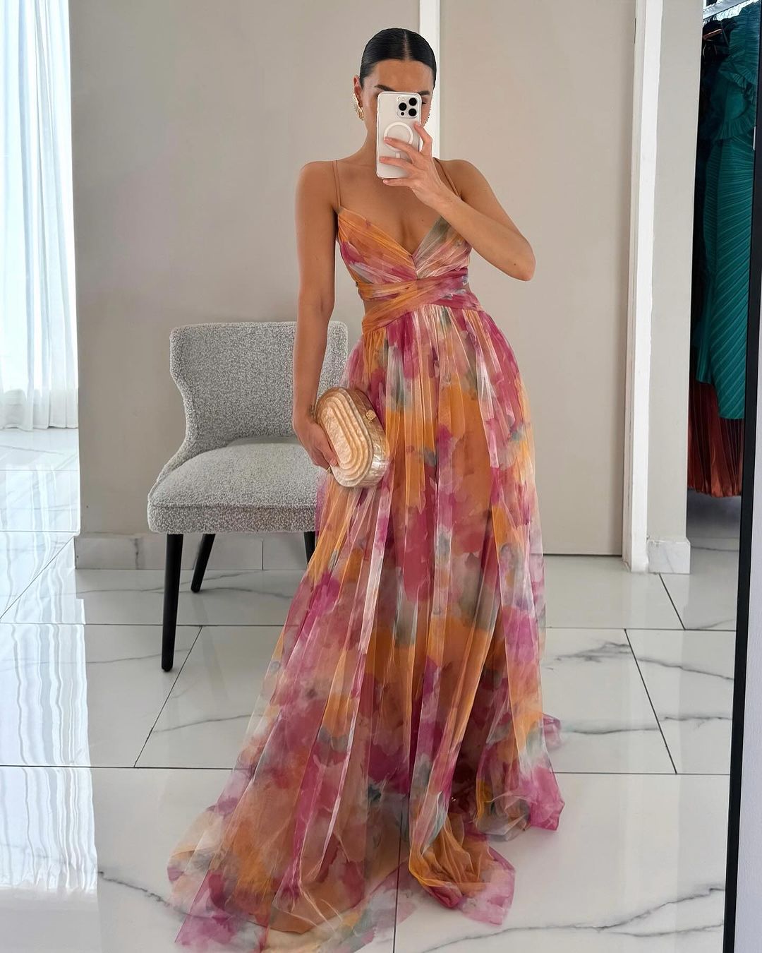 Ladies' Multi-Colored Maxi Dress with V-Neck